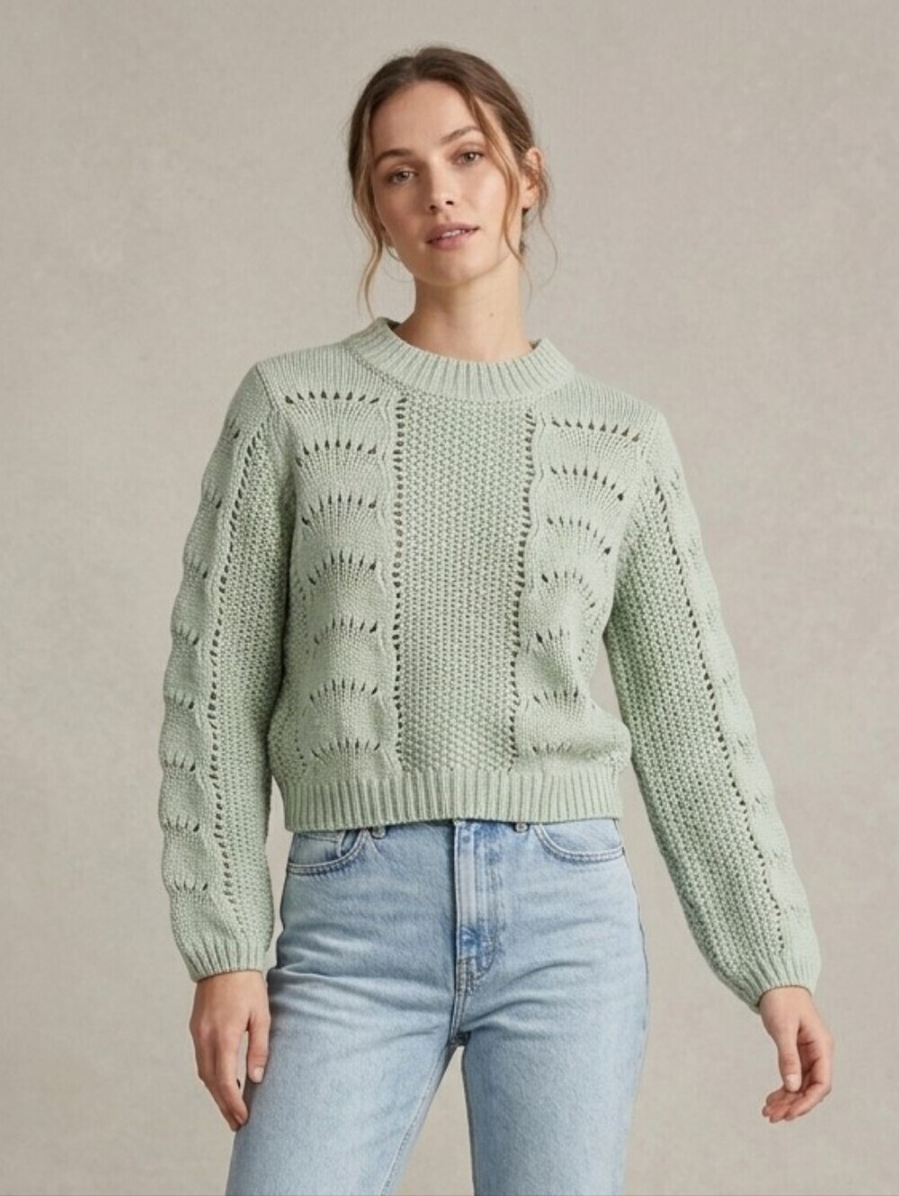 Woven Heart - Sage Green Pointelle Open Knit Cropped Sweater - Size XS